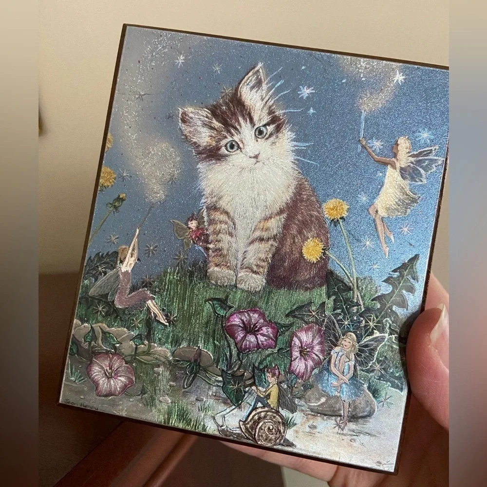 🩷 Vintage Kitten Cat and Fairy Foils Wooden Trinket Box Souvenir Cedar Box